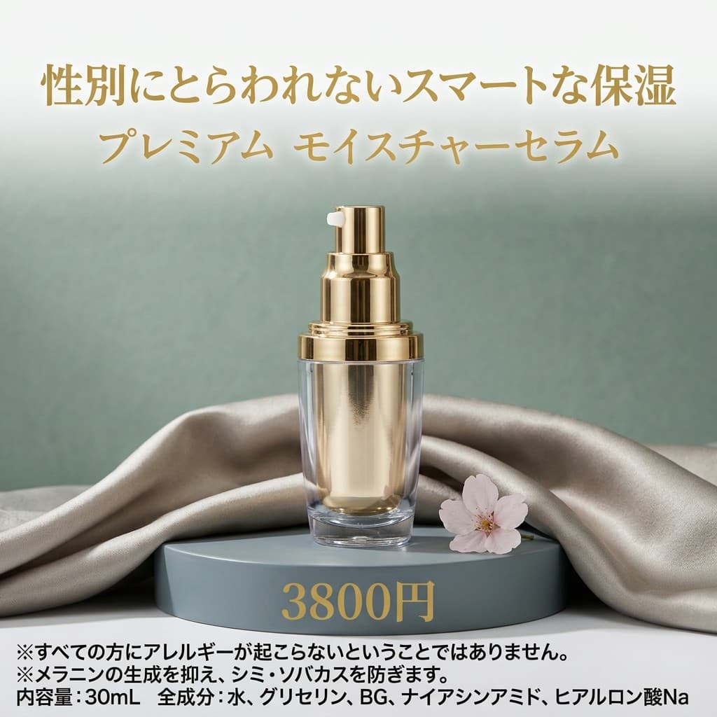 同一商品の別バリエーション。グリーン背景とゴールド文字で性別にとらわれない保湿を訴求。
